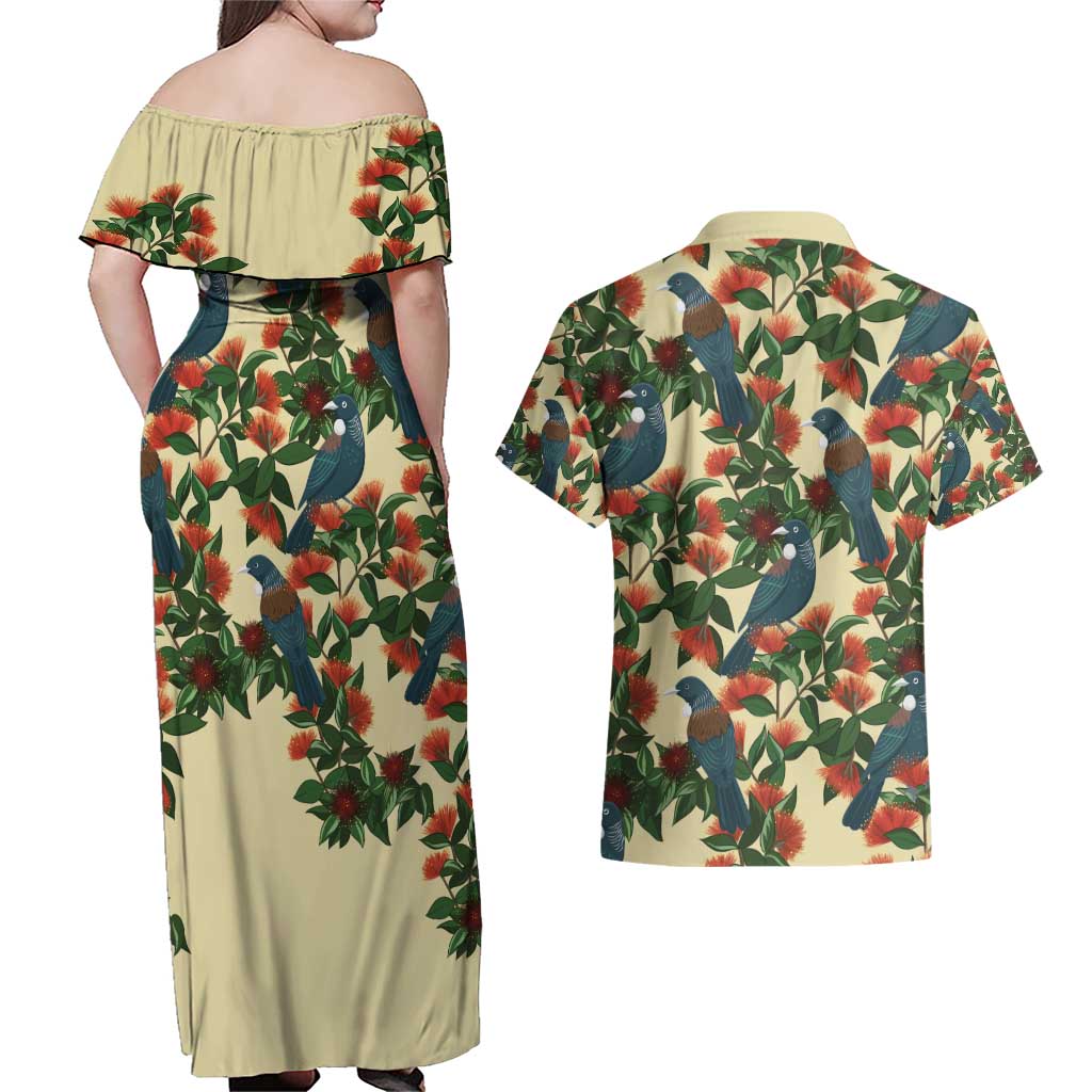 New Zealand Christmas Couples Matching Off Shoulder Maxi Dress and Hawaiian Shirt Romantic Tui Birds on Pohutukawa - Ivory LT7 - Polynesian Pride