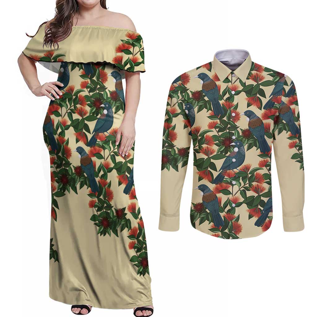 New Zealand Christmas Couples Matching Off Shoulder Maxi Dress and Long Sleeve Button Shirt Romantic Tui Birds on Pohutukawa - Ivory LT7 Ivory - Polynesian Pride