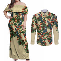 New Zealand Christmas Couples Matching Off Shoulder Maxi Dress and Long Sleeve Button Shirt Romantic Tui Birds on Pohutukawa - Ivory LT7 Ivory - Polynesian Pride