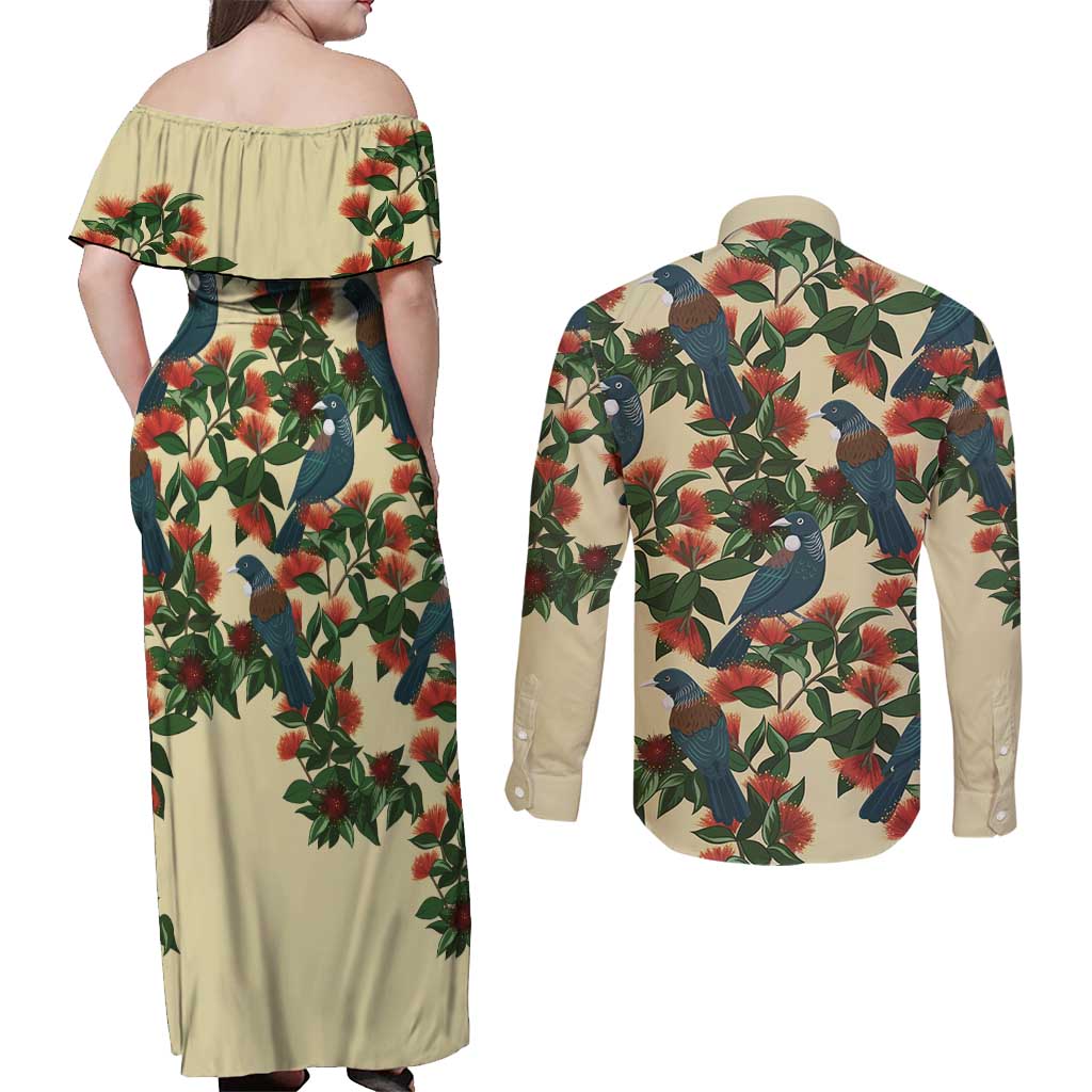 New Zealand Christmas Couples Matching Off Shoulder Maxi Dress and Long Sleeve Button Shirt Romantic Tui Birds on Pohutukawa - Ivory LT7 - Polynesian Pride
