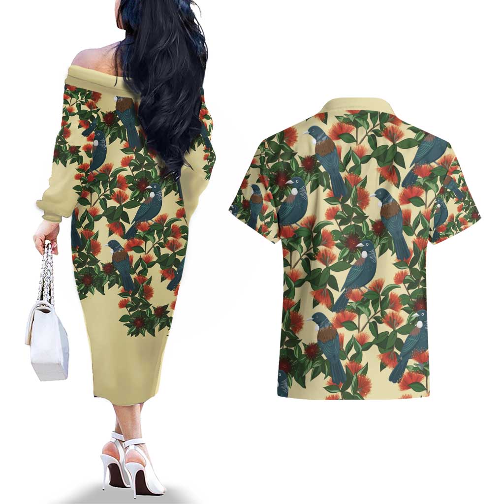 New Zealand Christmas Couples Matching Off The Shoulder Long Sleeve Dress and Hawaiian Shirt Romantic Tui Birds on Pohutukawa - Ivory LT7 - Polynesian Pride
