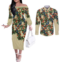 New Zealand Christmas Couples Matching Off The Shoulder Long Sleeve Dress and Long Sleeve Button Shirt Romantic Tui Birds on Pohutukawa - Ivory LT7 Ivory - Polynesian Pride