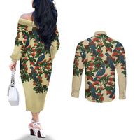 New Zealand Christmas Couples Matching Off The Shoulder Long Sleeve Dress and Long Sleeve Button Shirt Romantic Tui Birds on Pohutukawa - Ivory LT7 - Polynesian Pride