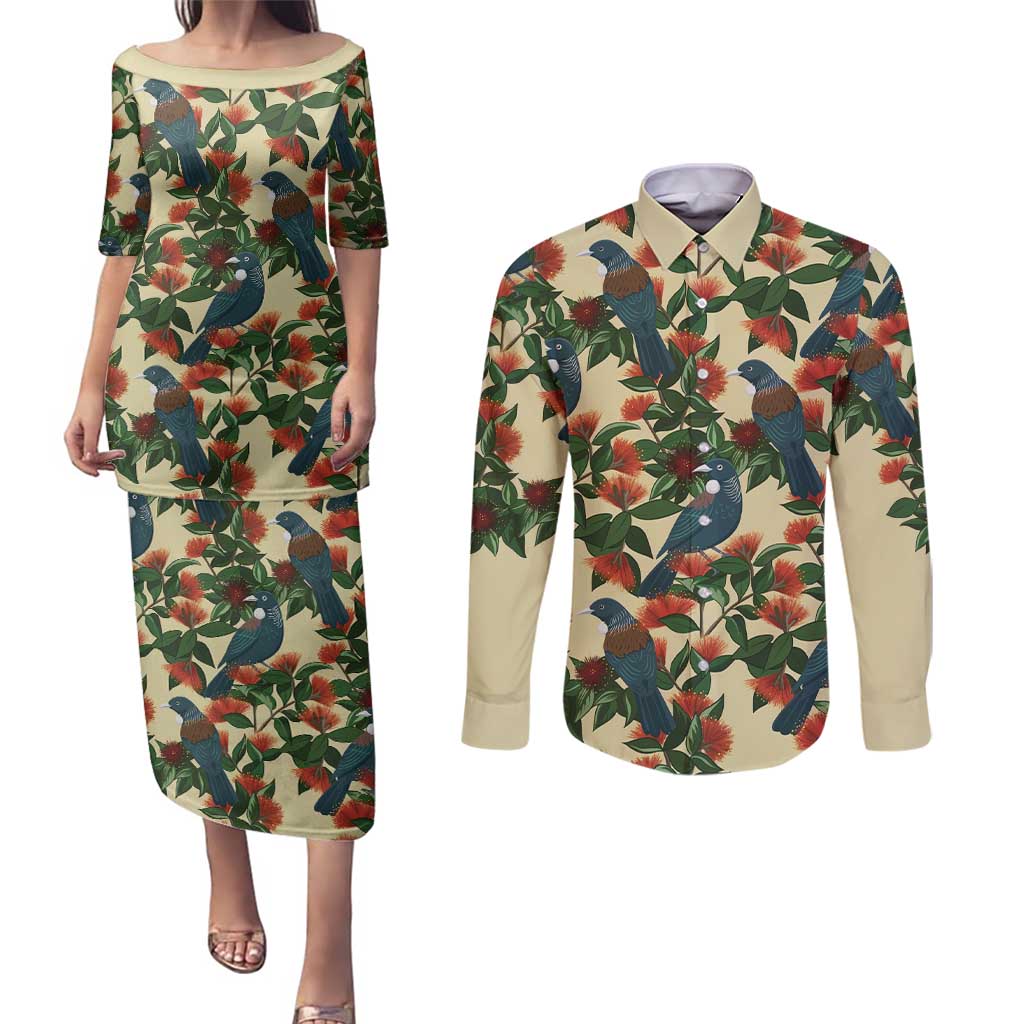 New Zealand Christmas Couples Matching Puletasi and Long Sleeve Button Shirt Romantic Tui Birds on Pohutukawa - Ivory LT7 Ivory - Polynesian Pride
