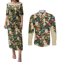 New Zealand Christmas Couples Matching Puletasi and Long Sleeve Button Shirt Romantic Tui Birds on Pohutukawa - Ivory LT7 Ivory - Polynesian Pride