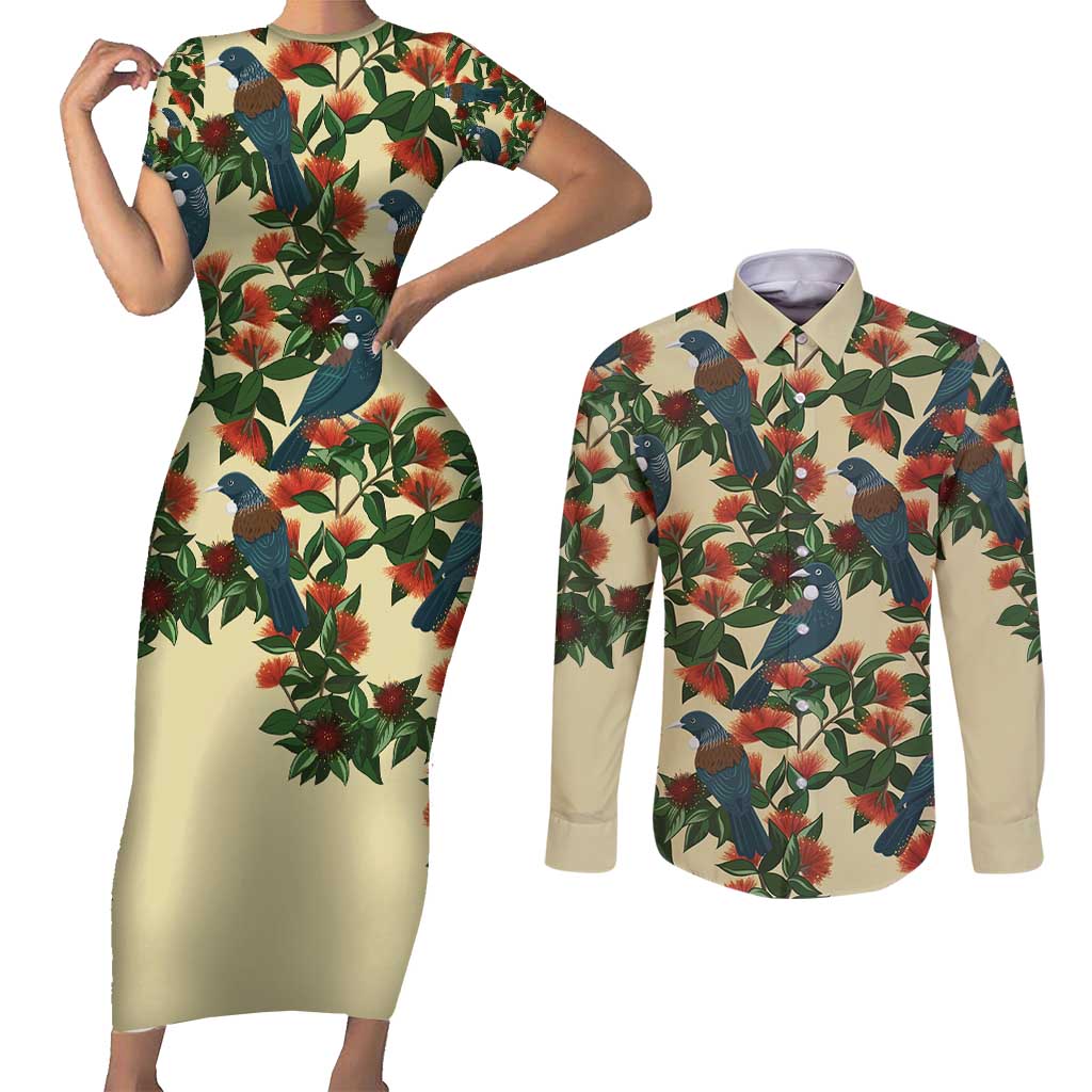 New Zealand Christmas Couples Matching Short Sleeve Bodycon Dress and Long Sleeve Button Shirt Romantic Tui Birds on Pohutukawa - Ivory LT7 Ivory - Polynesian Pride