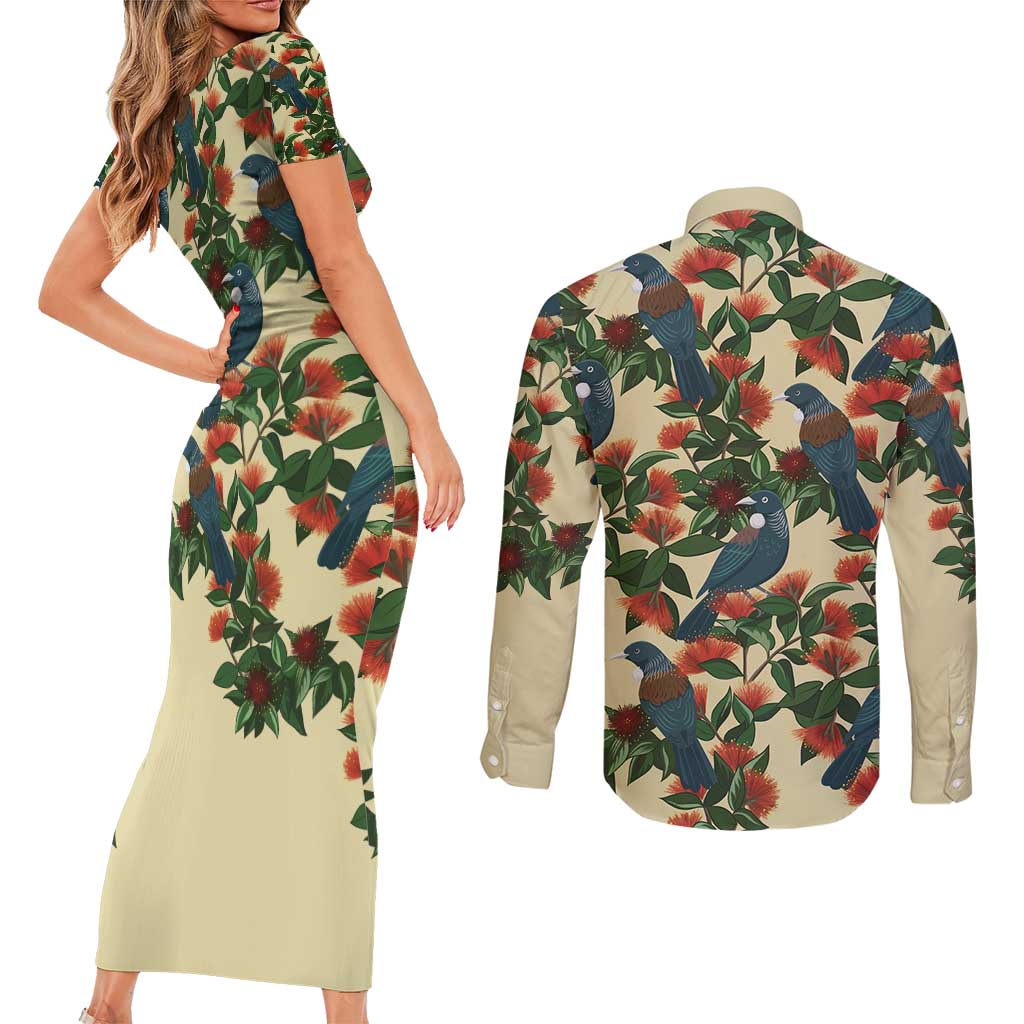 New Zealand Christmas Couples Matching Short Sleeve Bodycon Dress and Long Sleeve Button Shirt Romantic Tui Birds on Pohutukawa - Ivory LT7 - Polynesian Pride