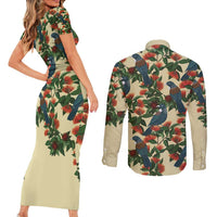 New Zealand Christmas Couples Matching Short Sleeve Bodycon Dress and Long Sleeve Button Shirt Romantic Tui Birds on Pohutukawa - Ivory LT7 - Polynesian Pride