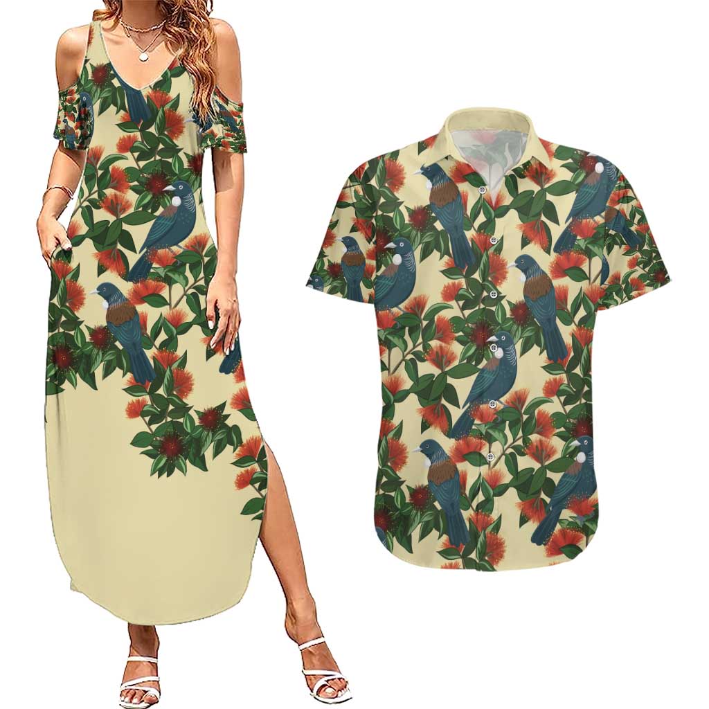 New Zealand Christmas Couples Matching Summer Maxi Dress and Hawaiian Shirt Romantic Tui Birds on Pohutukawa - Ivory LT7 Ivory - Polynesian Pride