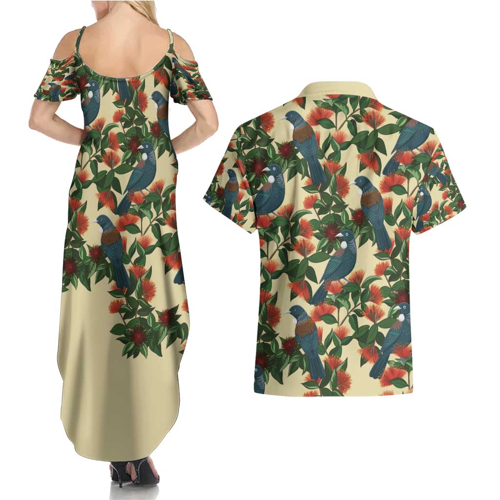 New Zealand Christmas Couples Matching Summer Maxi Dress and Hawaiian Shirt Romantic Tui Birds on Pohutukawa - Ivory LT7 - Polynesian Pride