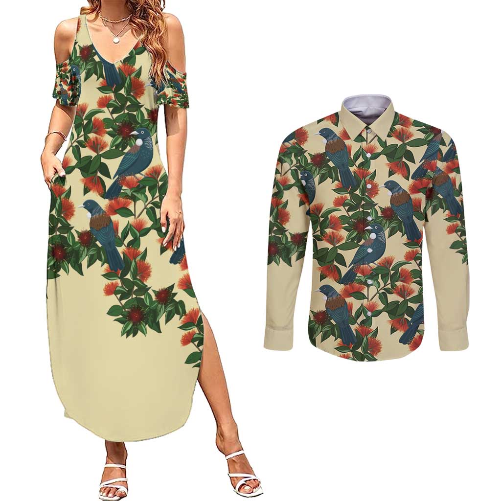 New Zealand Christmas Couples Matching Summer Maxi Dress and Long Sleeve Button Shirt Romantic Tui Birds on Pohutukawa - Ivory LT7 Ivory - Polynesian Pride