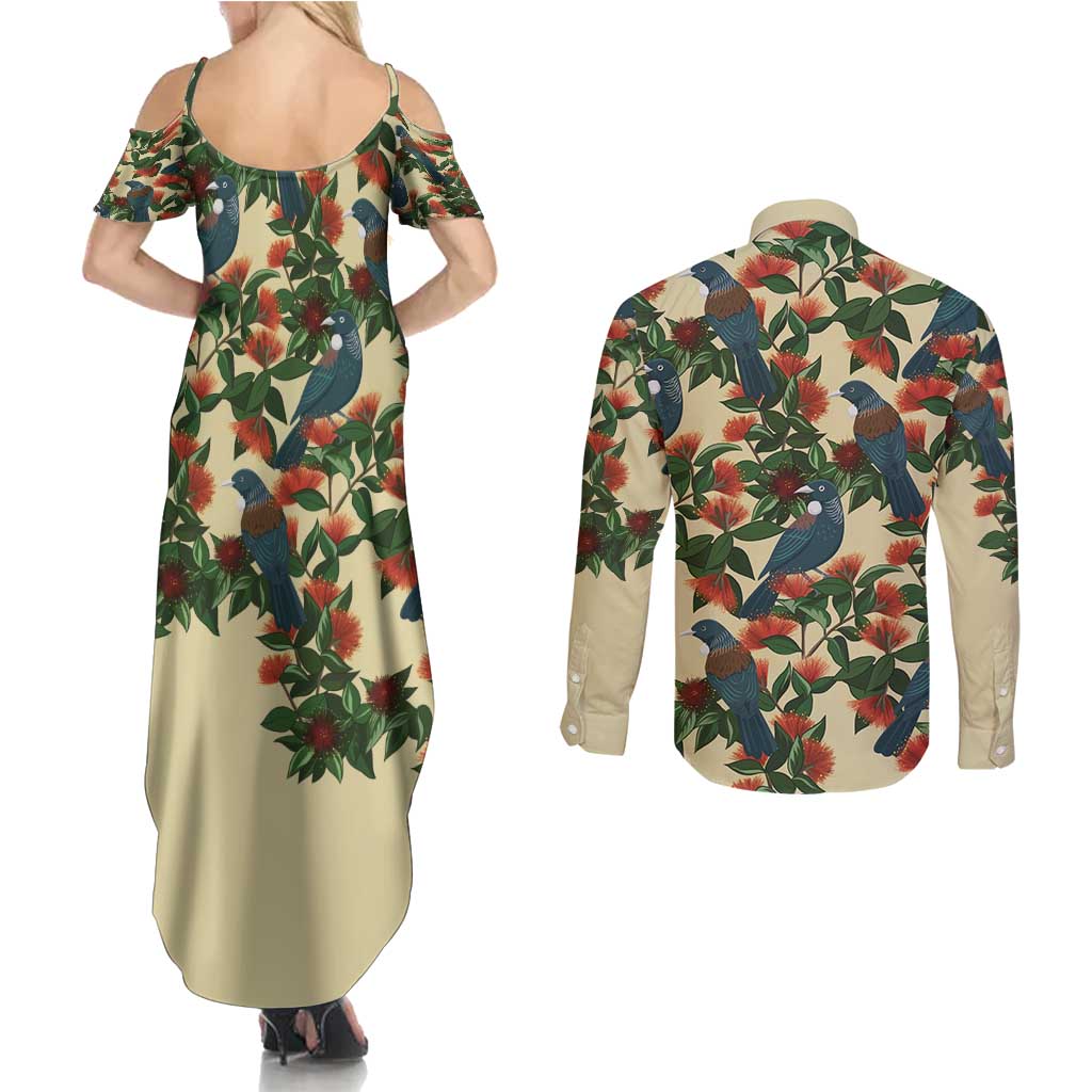 New Zealand Christmas Couples Matching Summer Maxi Dress and Long Sleeve Button Shirt Romantic Tui Birds on Pohutukawa - Ivory LT7 - Polynesian Pride
