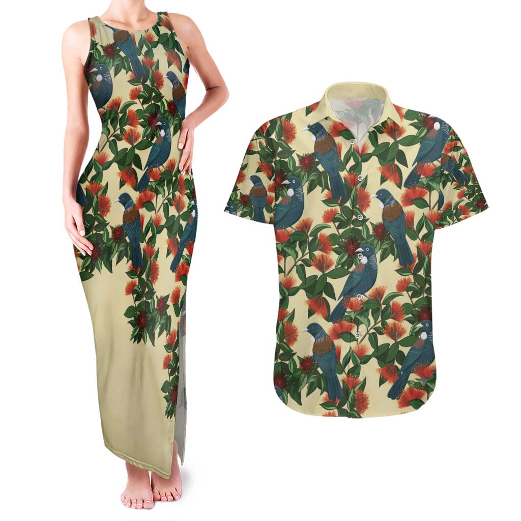New Zealand Christmas Couples Matching Tank Maxi Dress and Hawaiian Shirt Romantic Tui Birds on Pohutukawa - Ivory LT7 Ivory - Polynesian Pride