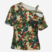 New Zealand Christmas Cross Shoulder Shirt Romantic Tui Birds on Pohutukawa - Ivory LT7 Female Ivory - Polynesian Pride