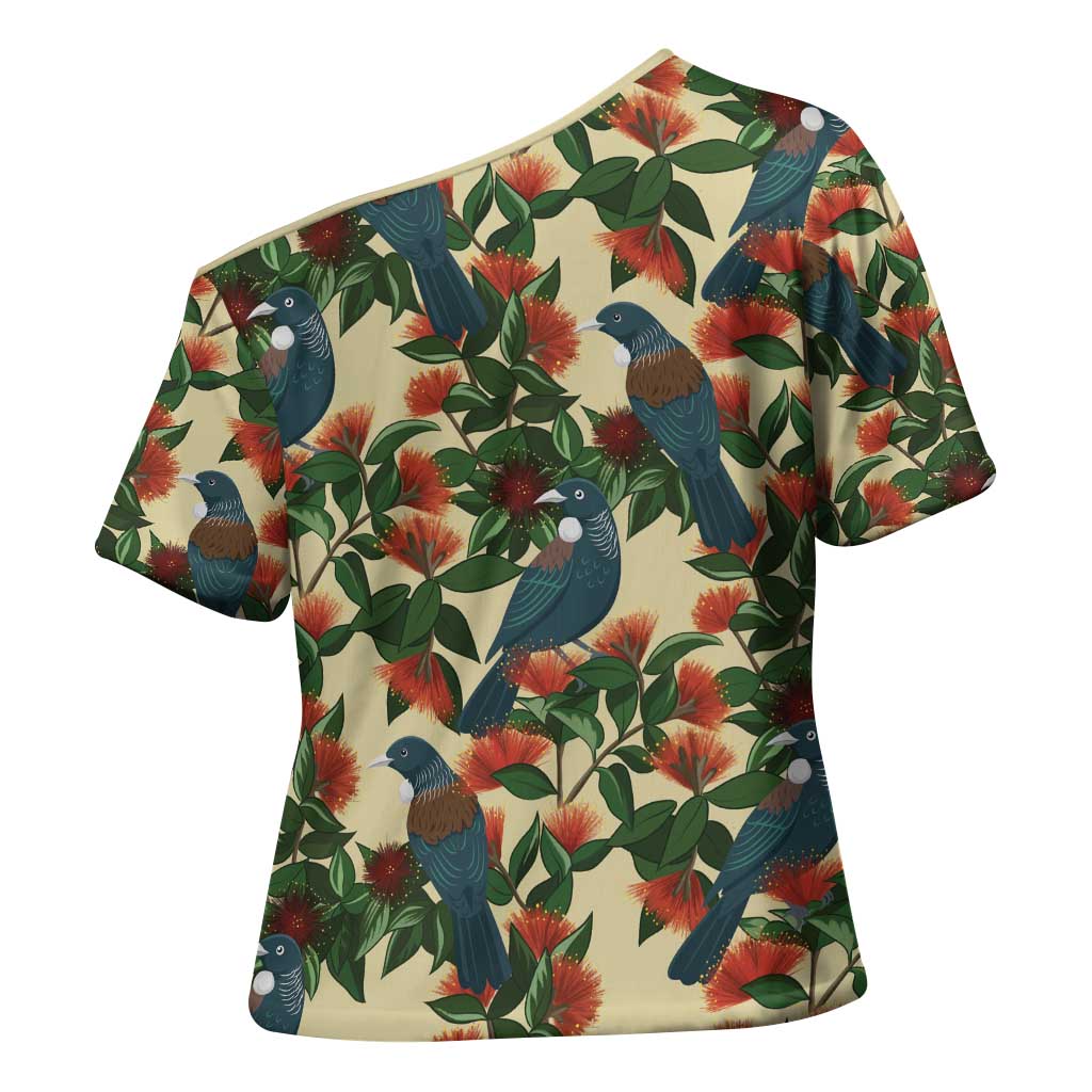 New Zealand Christmas Cross Shoulder Shirt Romantic Tui Birds on Pohutukawa - Ivory LT7 - Polynesian Pride