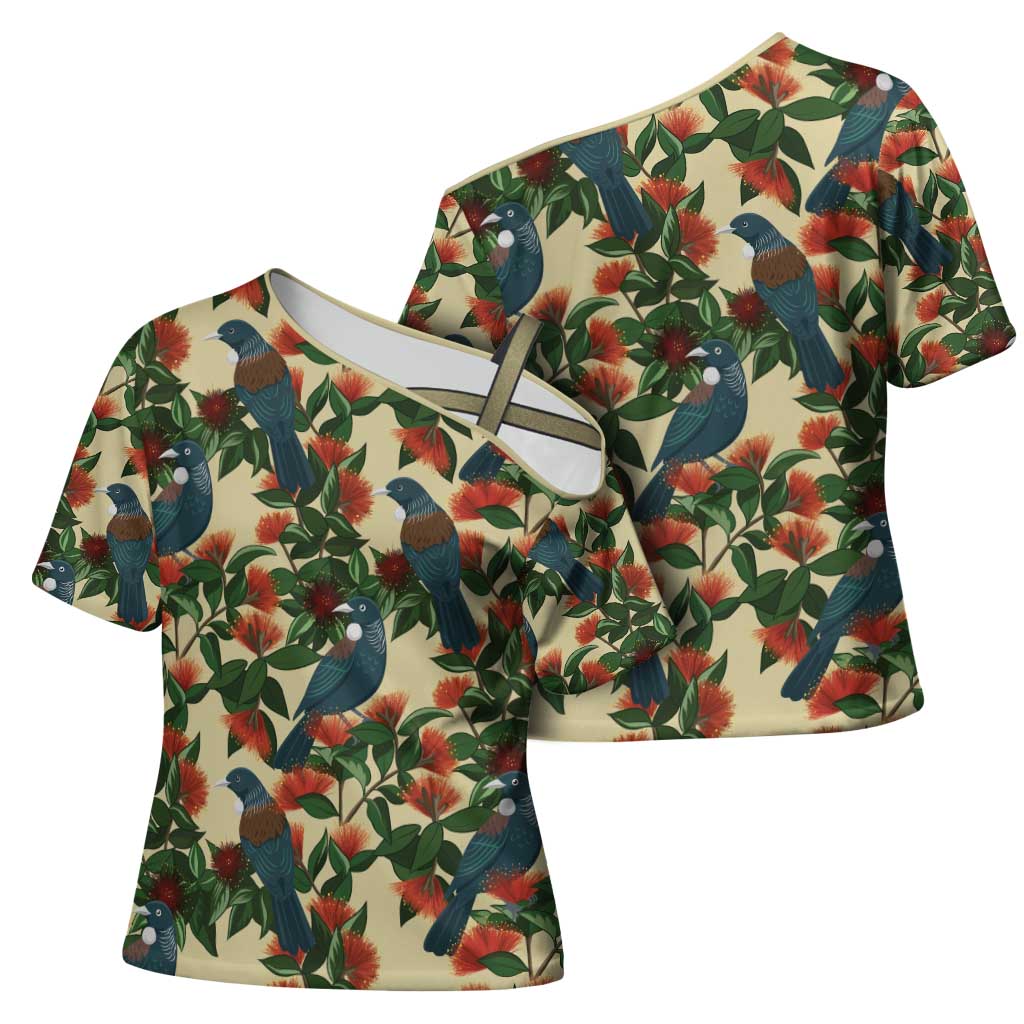 New Zealand Christmas Cross Shoulder Shirt Romantic Tui Birds on Pohutukawa - Ivory LT7 - Polynesian Pride