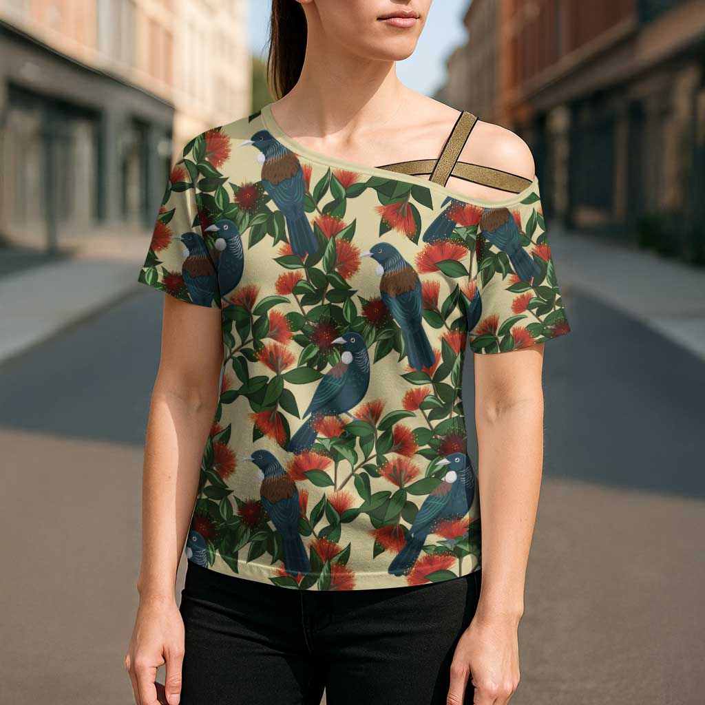 New Zealand Christmas Cross Shoulder Shirt Romantic Tui Birds on Pohutukawa - Ivory LT7 - Polynesian Pride