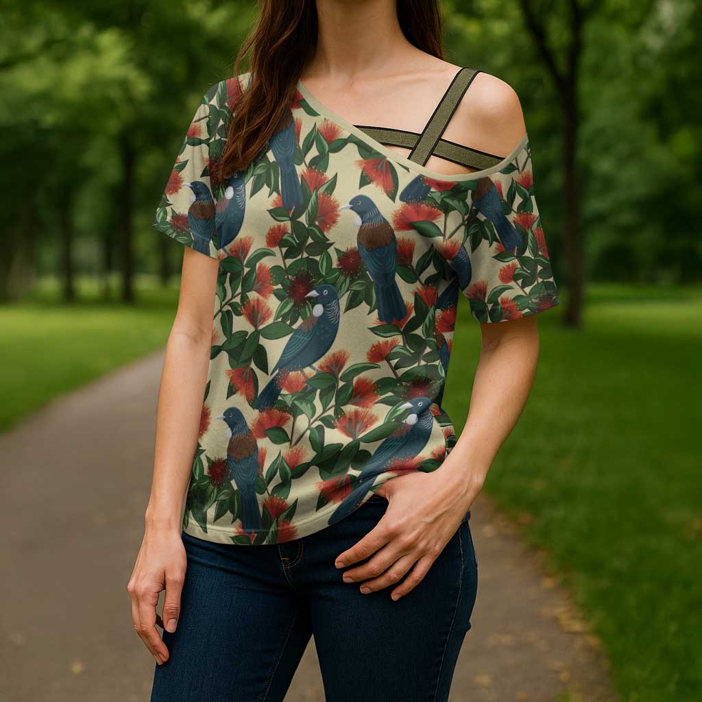 New Zealand Christmas Cross Shoulder Shirt Romantic Tui Birds on Pohutukawa - Ivory LT7 - Polynesian Pride