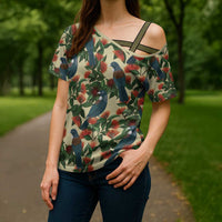 New Zealand Christmas Cross Shoulder Shirt Romantic Tui Birds on Pohutukawa - Ivory LT7 - Polynesian Pride