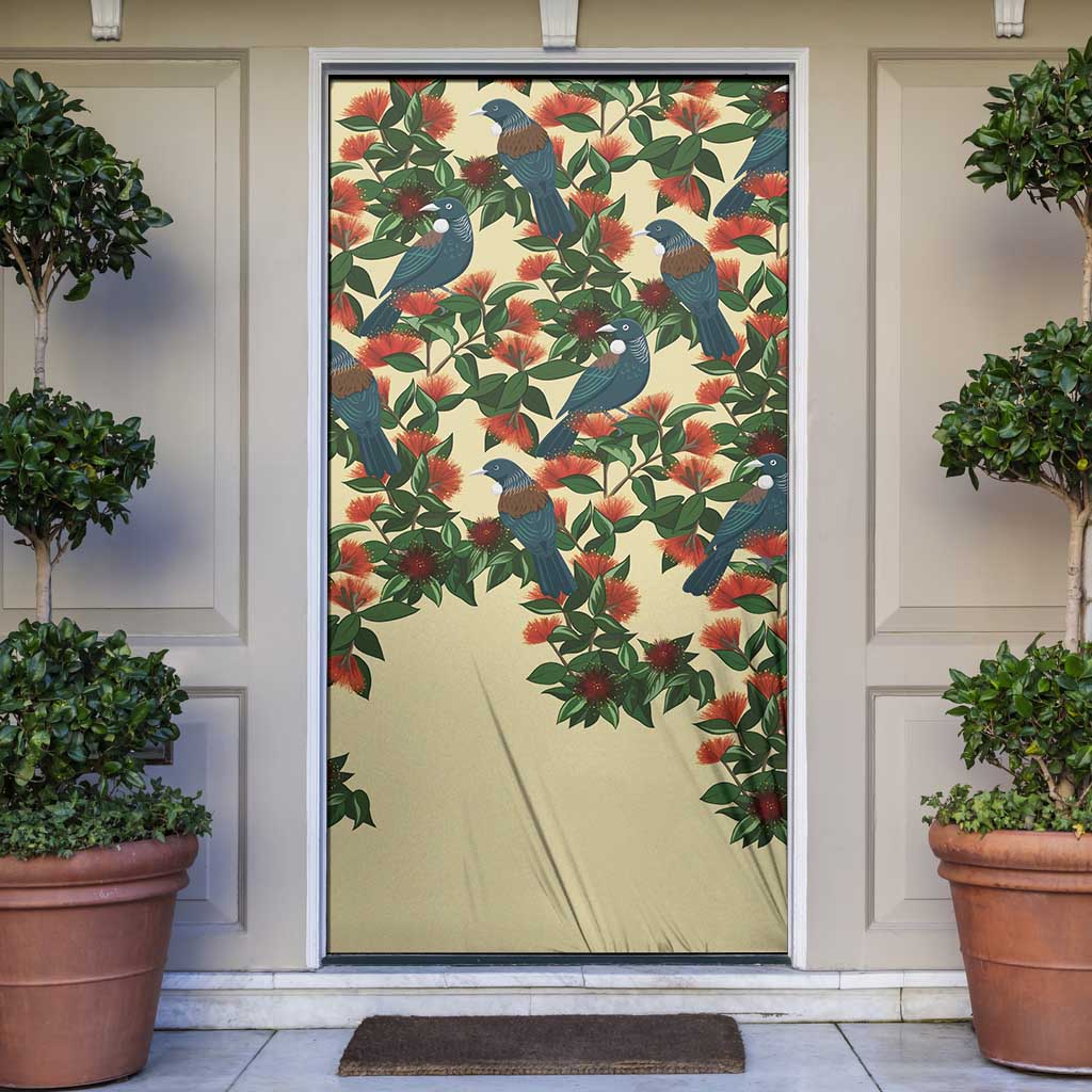 New Zealand Christmas Door Cover Romantic Tui Birds on Pohutukawa - Ivory LT7 Ivory - Polynesian Pride