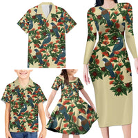 New Zealand Christmas Family Matching Long Sleeve Bodycon Dress and Hawaiian Shirt Romantic Tui Birds on Pohutukawa - Ivory LT7 - Polynesian Pride