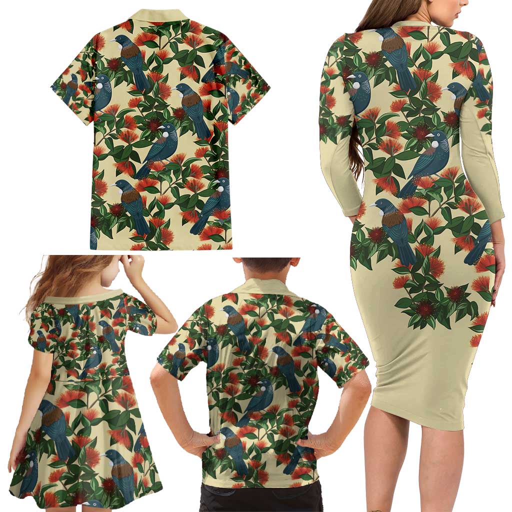 New Zealand Christmas Family Matching Long Sleeve Bodycon Dress and Hawaiian Shirt Romantic Tui Birds on Pohutukawa - Ivory LT7 - Polynesian Pride