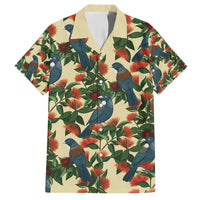 New Zealand Christmas Family Matching Long Sleeve Bodycon Dress and Hawaiian Shirt Romantic Tui Birds on Pohutukawa - Ivory LT7 Dad's Shirt - Short Sleeve Ivory - Polynesian Pride