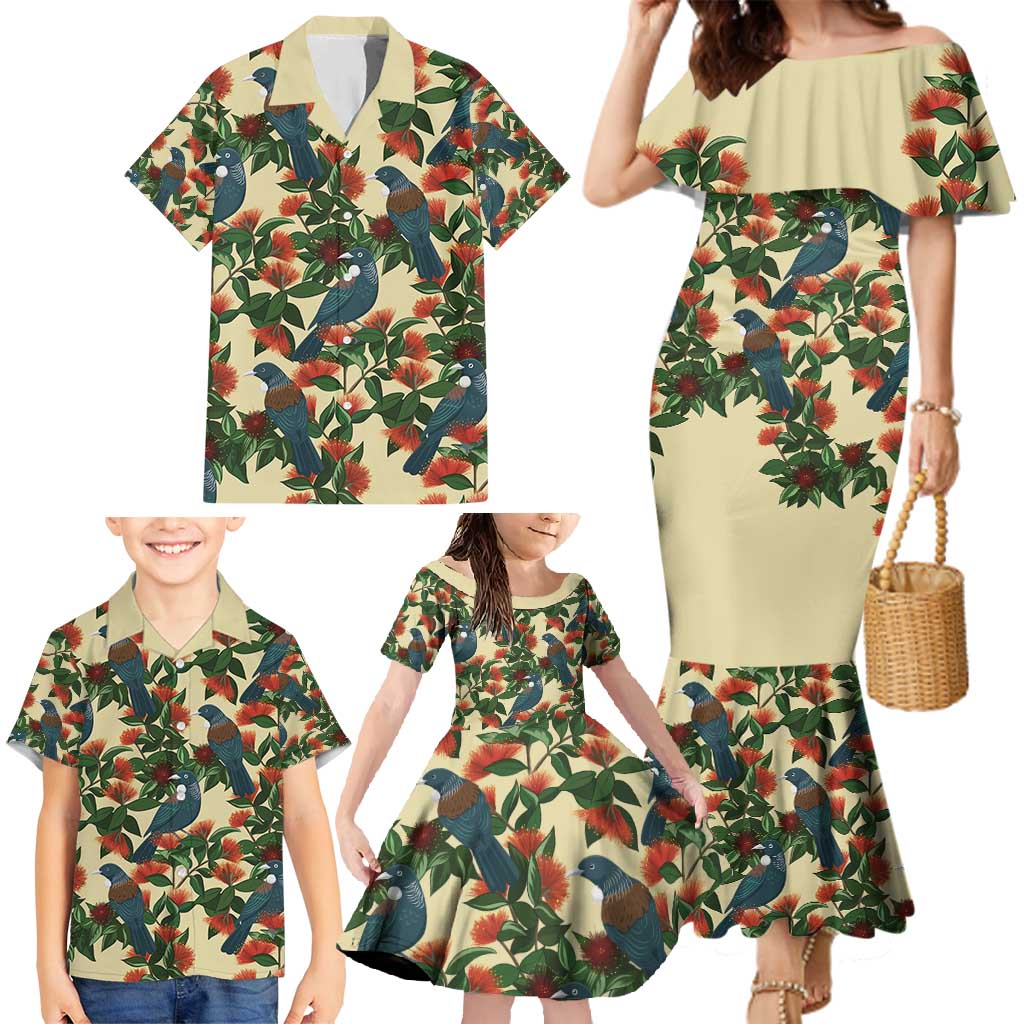 New Zealand Christmas Family Matching Mermaid Dress and Hawaiian Shirt Romantic Tui Birds on Pohutukawa - Ivory LT7 - Polynesian Pride