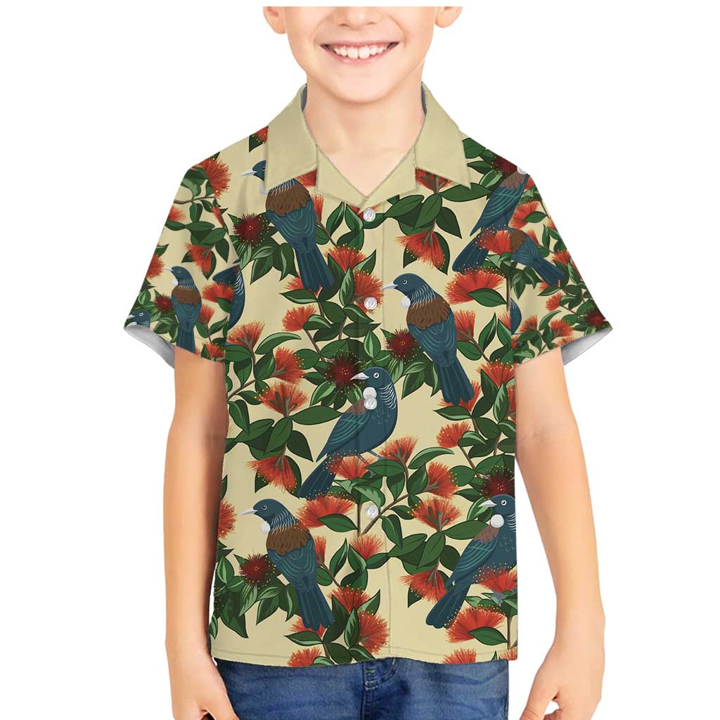 New Zealand Christmas Family Matching Mermaid Dress and Hawaiian Shirt Romantic Tui Birds on Pohutukawa - Ivory LT7 Son's Shirt Ivory - Polynesian Pride