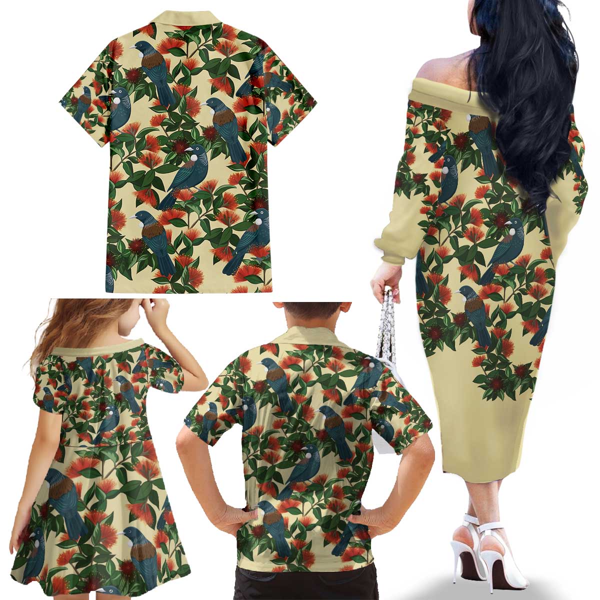 New Zealand Christmas Family Matching Off The Shoulder Long Sleeve Dress and Hawaiian Shirt Romantic Tui Birds on Pohutukawa - Ivory LT7 - Polynesian Pride