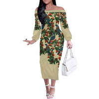 New Zealand Christmas Family Matching Off The Shoulder Long Sleeve Dress and Hawaiian Shirt Romantic Tui Birds on Pohutukawa - Ivory LT7 Mom's Dress Ivory - Polynesian Pride