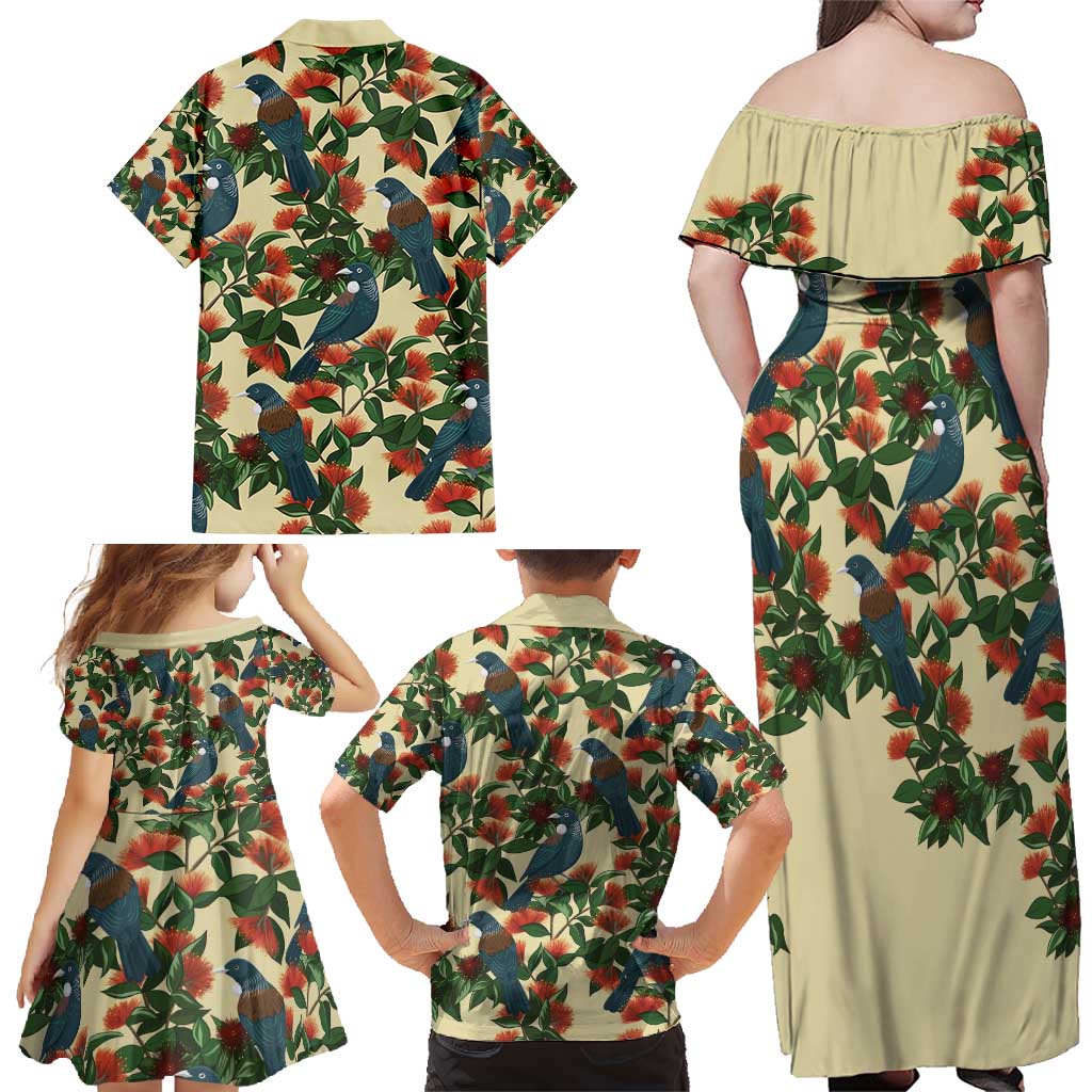 New Zealand Christmas Family Matching Off Shoulder Maxi Dress and Hawaiian Shirt Romantic Tui Birds on Pohutukawa - Ivory LT7 - Polynesian Pride