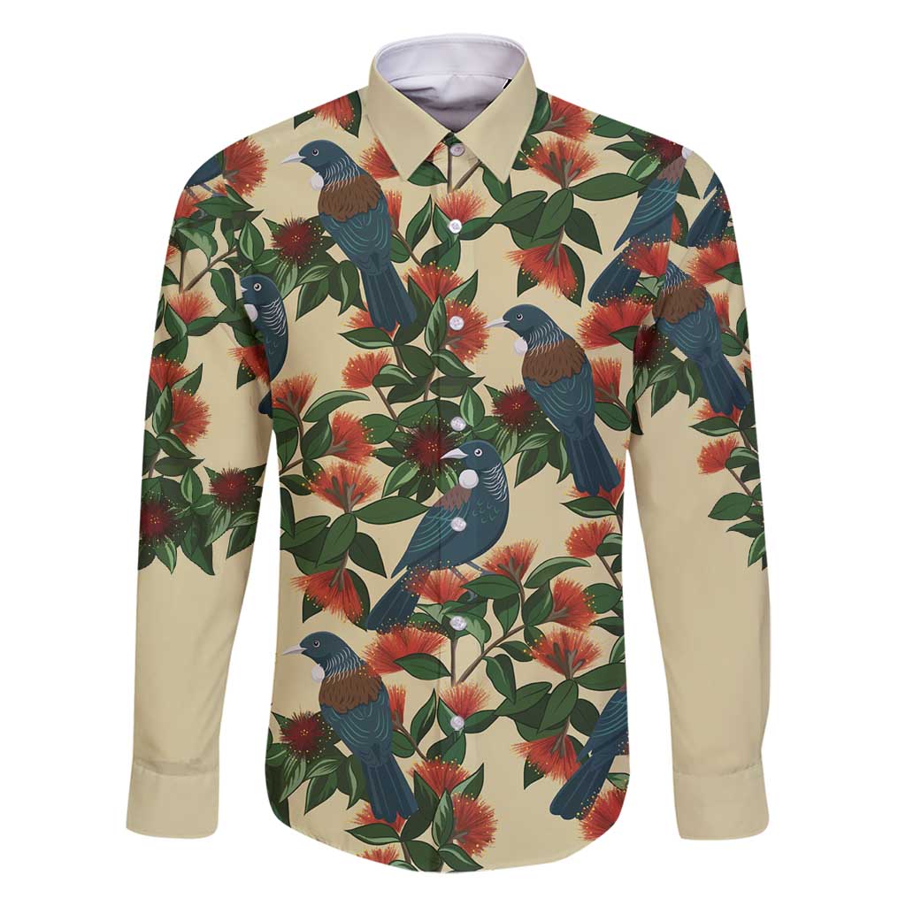 New Zealand Christmas Family Matching Off Shoulder Maxi Dress and Hawaiian Shirt Romantic Tui Birds on Pohutukawa - Ivory LT7 Dad's Shirt - Long Sleeve Ivory - Polynesian Pride