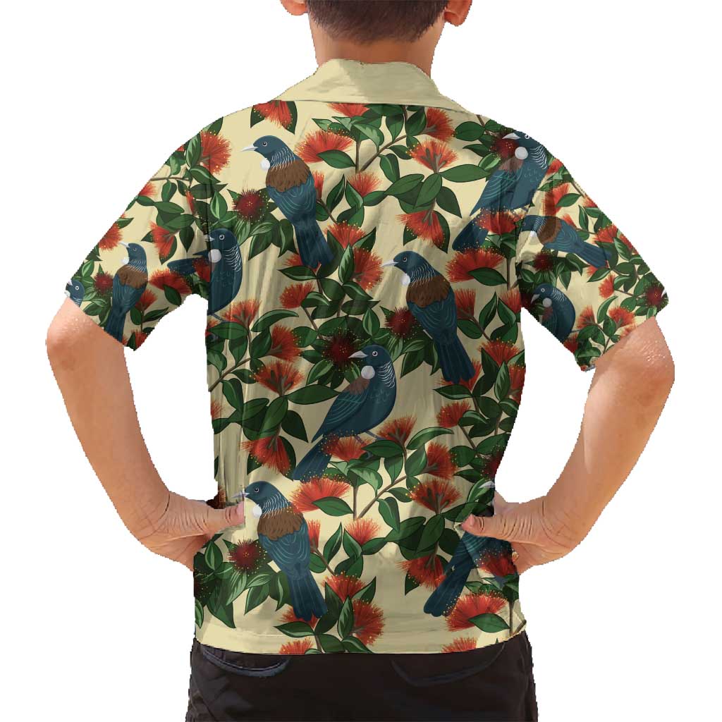 New Zealand Christmas Family Matching Off Shoulder Short Dress and Hawaiian Shirt Romantic Tui Birds on Pohutukawa - Ivory LT7 - Polynesian Pride