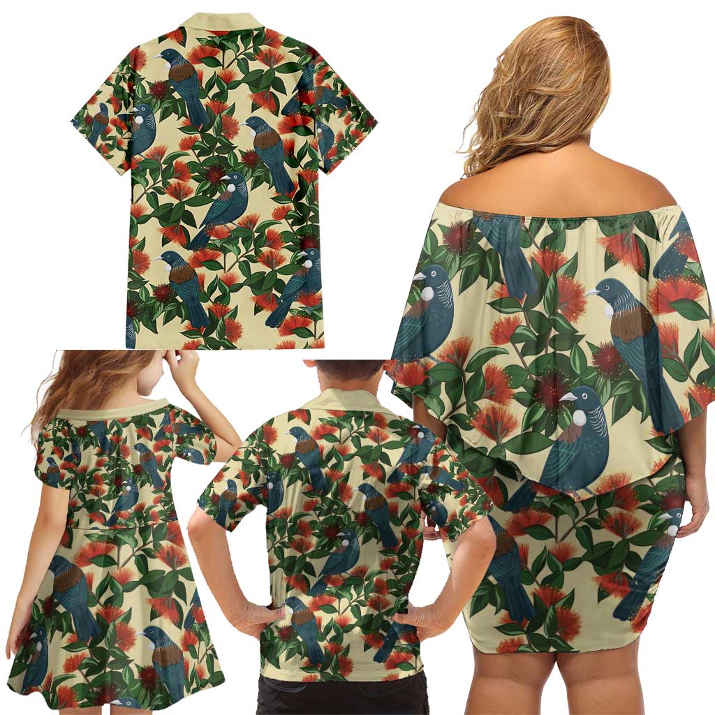 New Zealand Christmas Family Matching Off Shoulder Short Dress and Hawaiian Shirt Romantic Tui Birds on Pohutukawa - Ivory LT7 - Polynesian Pride
