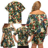 New Zealand Christmas Family Matching Off Shoulder Short Dress and Hawaiian Shirt Romantic Tui Birds on Pohutukawa - Ivory LT7 - Polynesian Pride