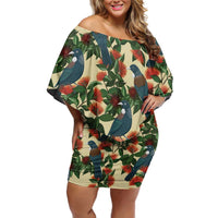 New Zealand Christmas Family Matching Off Shoulder Short Dress and Hawaiian Shirt Romantic Tui Birds on Pohutukawa - Ivory LT7 Mom's Dress Ivory - Polynesian Pride