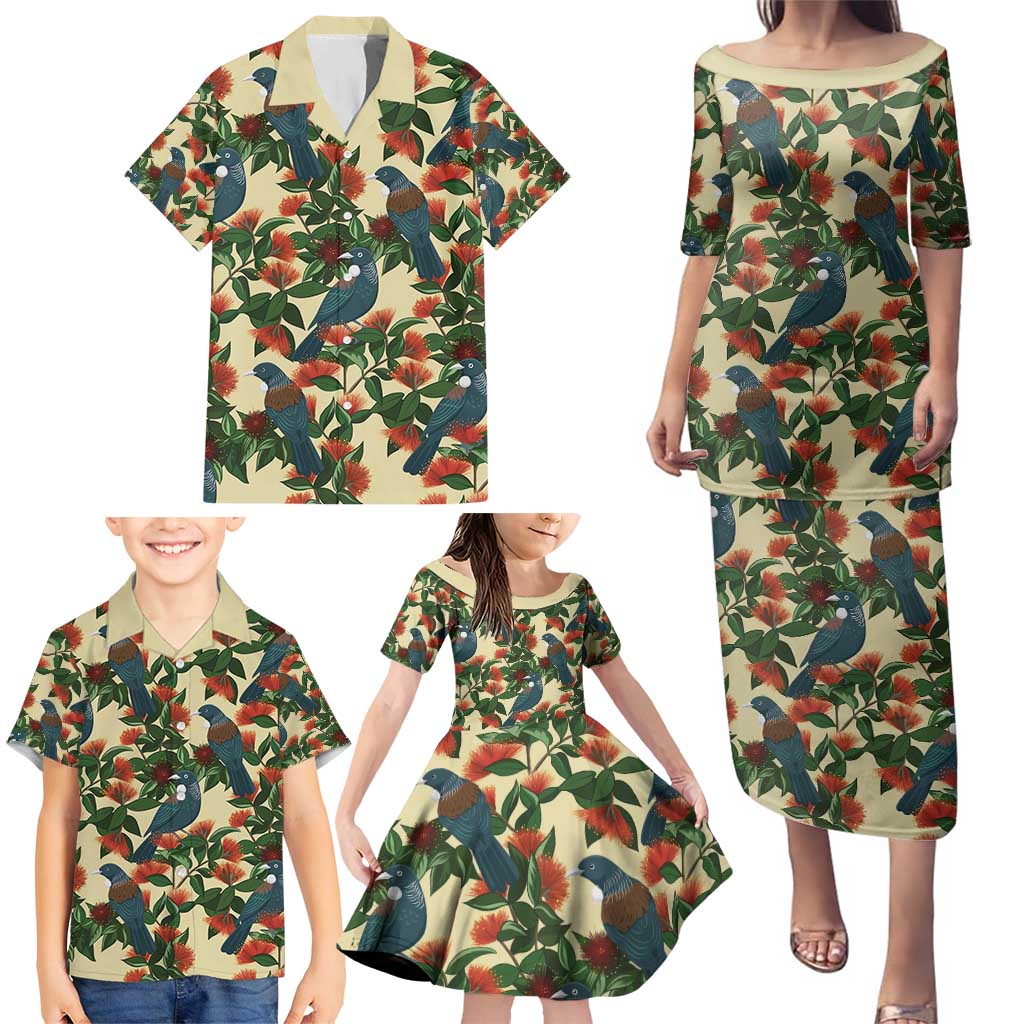 New Zealand Christmas Family Matching Puletasi and Hawaiian Shirt Romantic Tui Birds on Pohutukawa - Ivory LT7 - Polynesian Pride