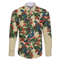 New Zealand Christmas Family Matching Puletasi and Hawaiian Shirt Romantic Tui Birds on Pohutukawa - Ivory LT7 Dad's Shirt - Long Sleeve Ivory - Polynesian Pride