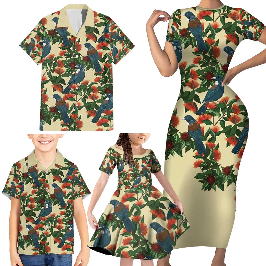 New Zealand Christmas Family Matching Short Sleeve Bodycon Dress and Hawaiian Shirt Romantic Tui Birds on Pohutukawa - Ivory LT7 - Polynesian Pride