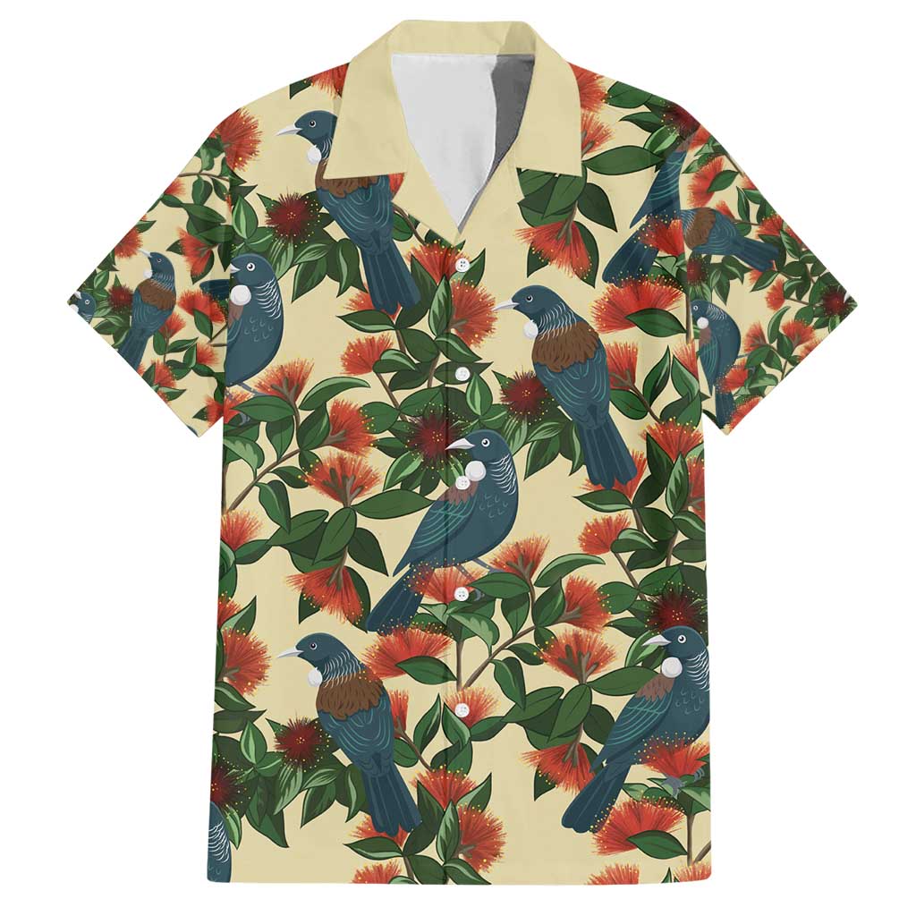 New Zealand Christmas Family Matching Short Sleeve Bodycon Dress and Hawaiian Shirt Romantic Tui Birds on Pohutukawa - Ivory LT7 Dad's Shirt - Short Sleeve Ivory - Polynesian Pride