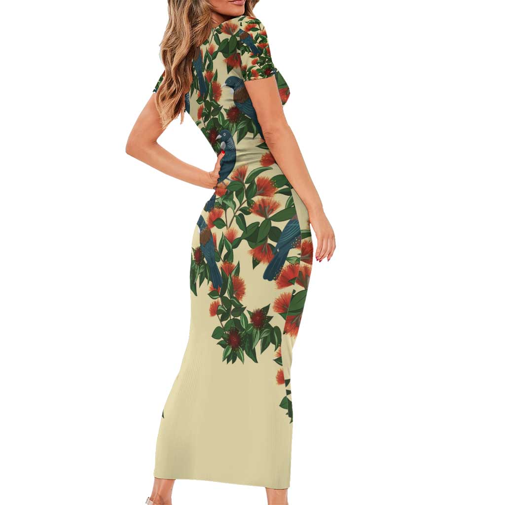 New Zealand Christmas Family Matching Short Sleeve Bodycon Dress and Hawaiian Shirt Romantic Tui Birds on Pohutukawa - Ivory LT7 - Polynesian Pride
