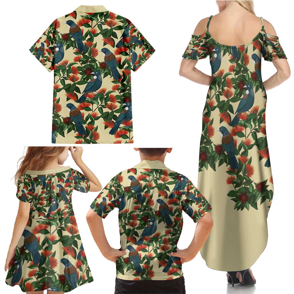 New Zealand Christmas Family Matching Summer Maxi Dress and Hawaiian Shirt Romantic Tui Birds on Pohutukawa - Ivory LT7 - Polynesian Pride