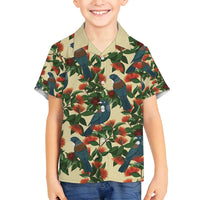 New Zealand Christmas Family Matching Summer Maxi Dress and Hawaiian Shirt Romantic Tui Birds on Pohutukawa - Ivory LT7 Son's Shirt Ivory - Polynesian Pride