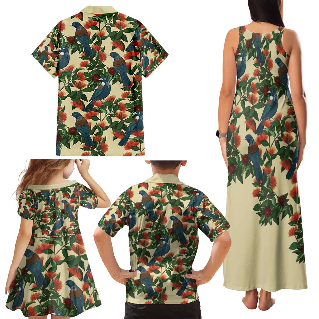 New Zealand Christmas Family Matching Tank Maxi Dress and Hawaiian Shirt Romantic Tui Birds on Pohutukawa - Ivory LT7 - Polynesian Pride