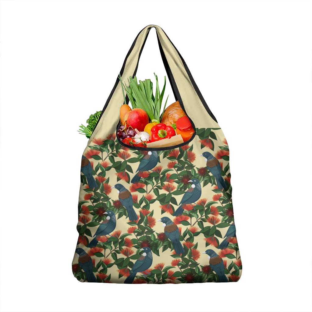 New Zealand Christmas Grocery Bag Romantic Tui Birds on Pohutukawa - Ivory - Polynesian Pride