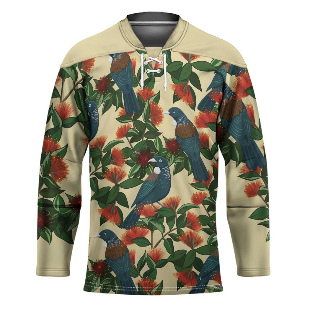 New Zealand Christmas Hockey Jersey Romantic Tui Birds on Pohutukawa - Ivory - Polynesian Pride
