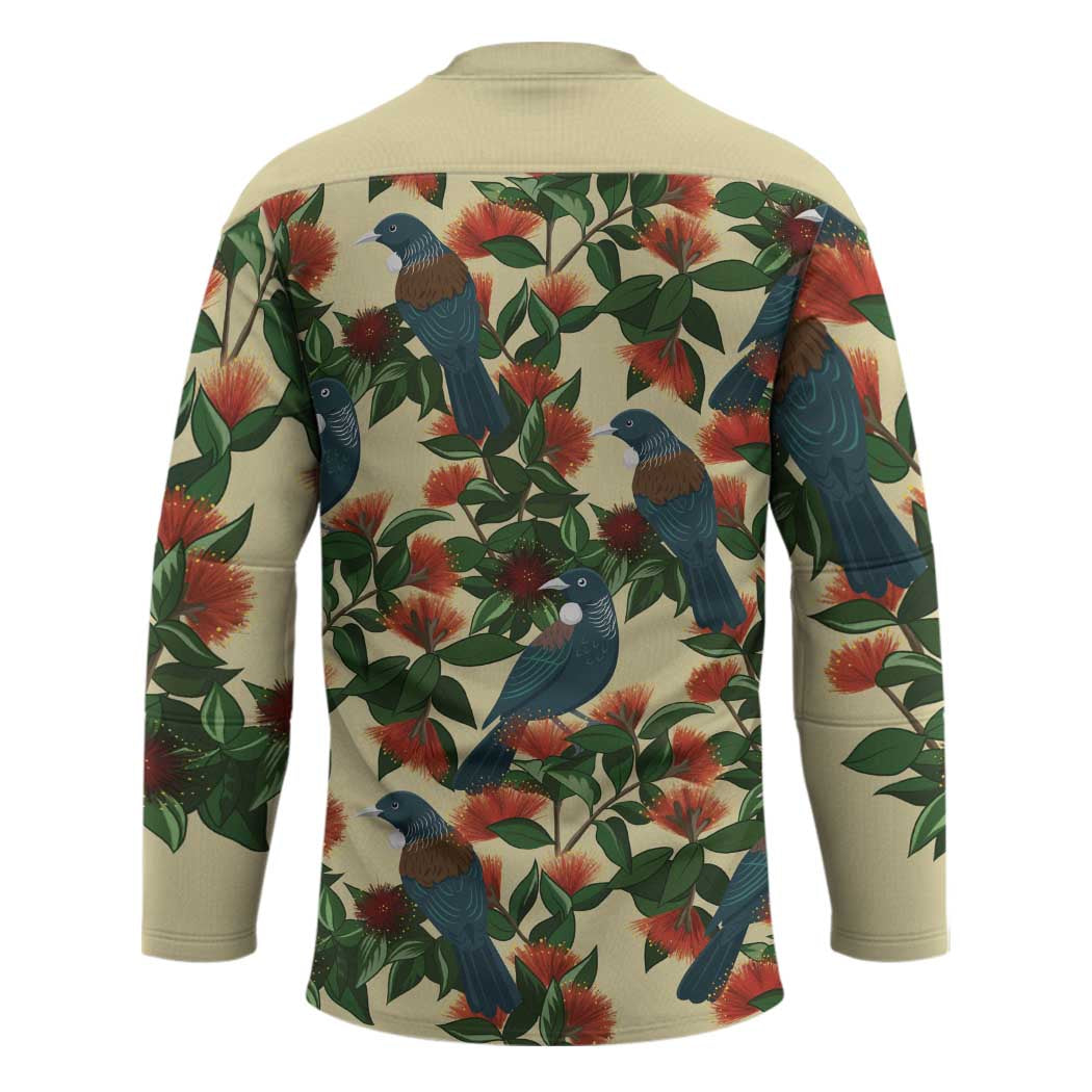 New Zealand Christmas Hockey Jersey Romantic Tui Birds on Pohutukawa - Ivory LT7 - Polynesian Pride