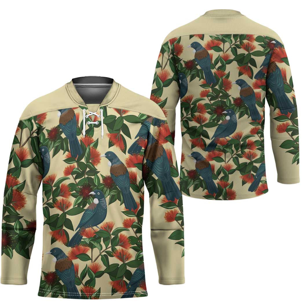 New Zealand Christmas Hockey Jersey Romantic Tui Birds on Pohutukawa - Ivory LT7 - Polynesian Pride