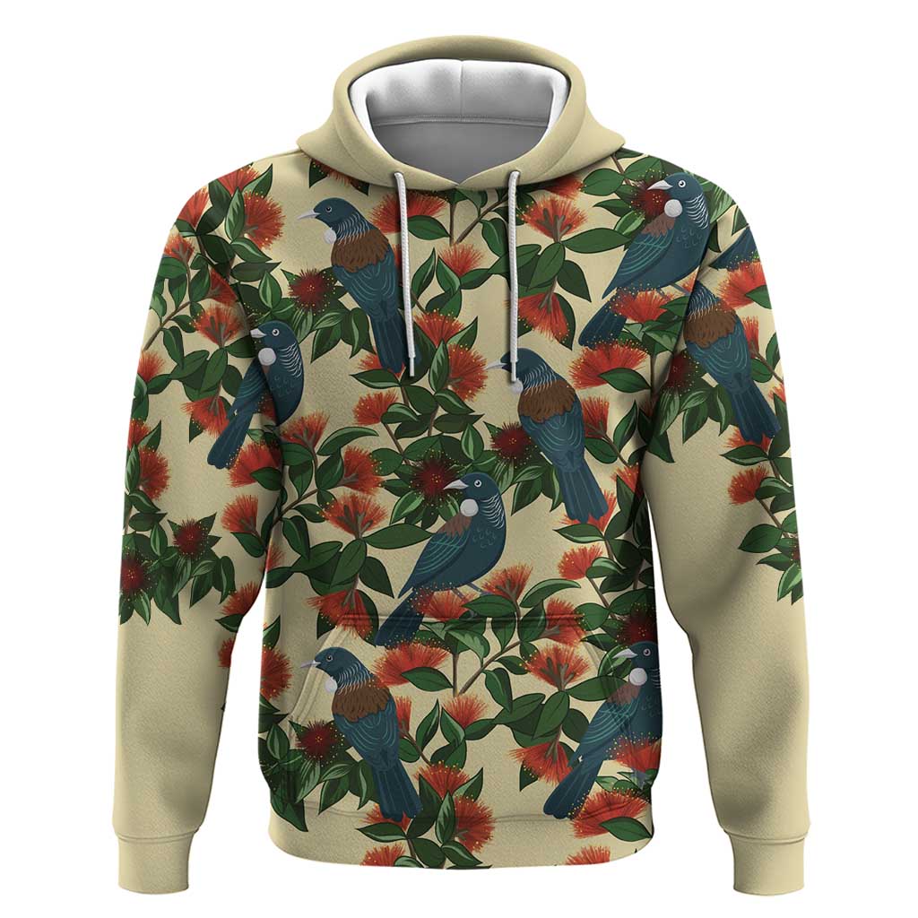 New Zealand Christmas Hoodie Romantic Tui Birds on Pohutukawa - Ivory LT7 Pullover Hoodie Ivory - Polynesian Pride